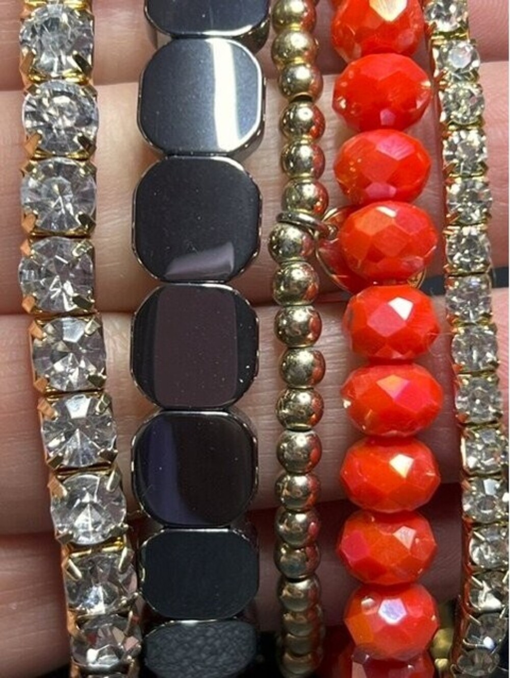 B6913 Stackable Stretch Bracelets Set Rhinestone Red Bead Gold Tone S Initial